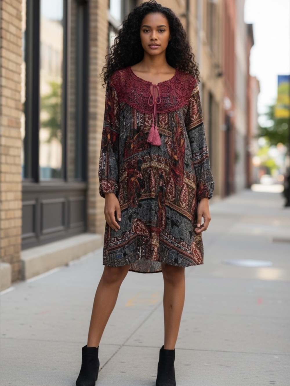 URBAN MANGOS boho dress, semi sheer, crocheted bib, drawstring, multicolored,